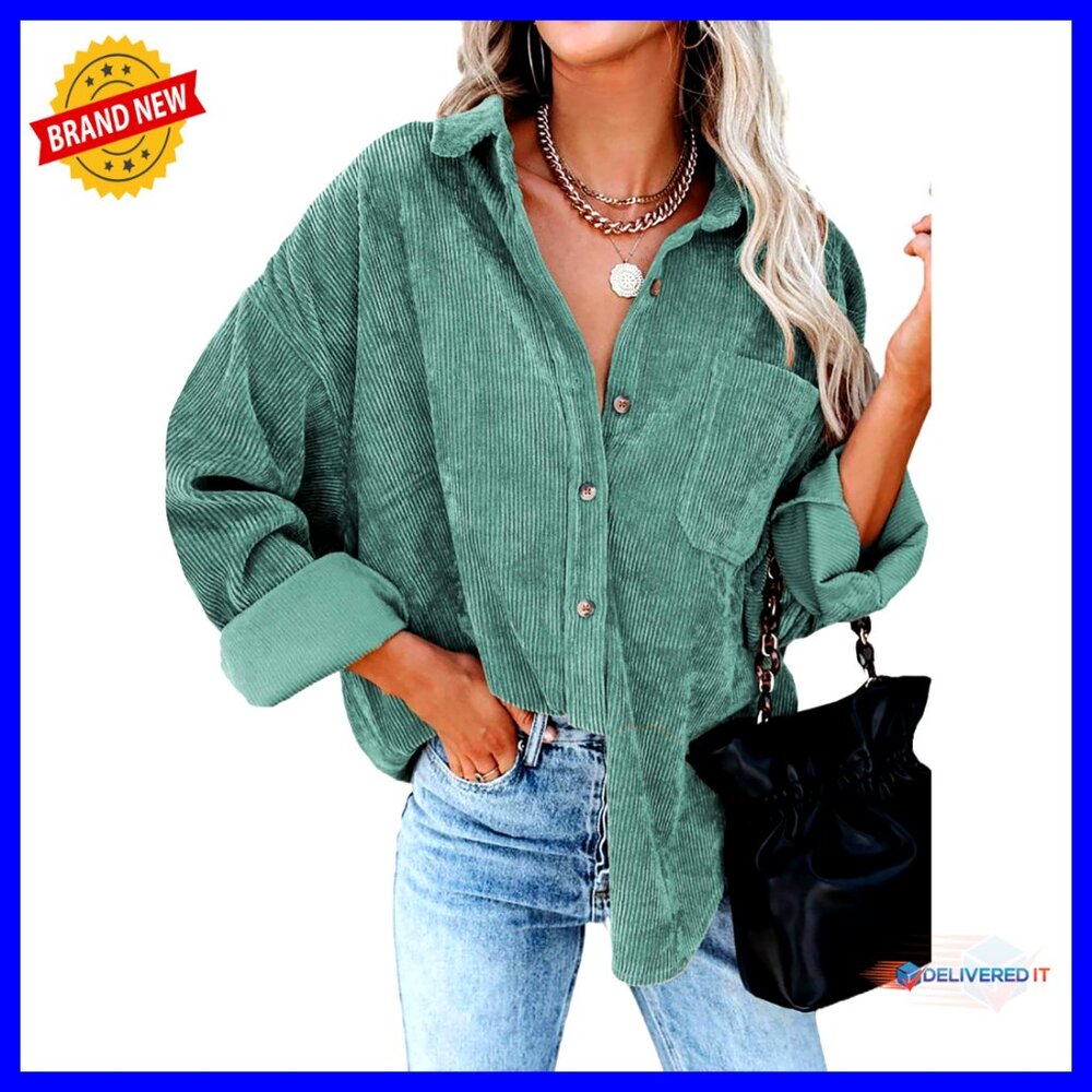Corduroy Button Down Shirt Boyfriend Fit Long Sleeve Blouse Oversized Top